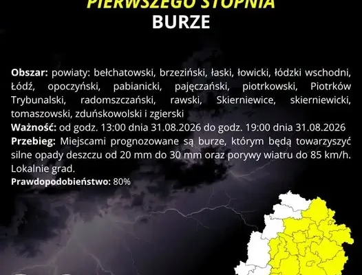 Ostrzeżenie IMGW: Burze z gradem i silnym wiatrem w regionie łódzkim