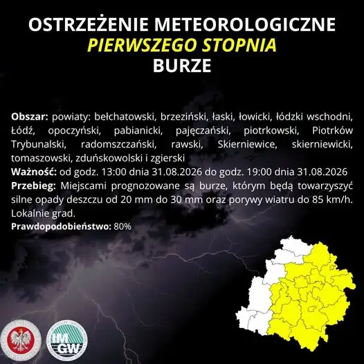 Ostrzeżenie IMGW: Burze z gradem i silnym wiatrem w regionie łódzkim