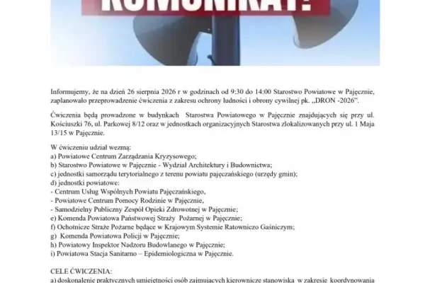 Ćwiczenia „DRON-2026” w Pajęcznie: sprawdzian gotowości służb i urzędów