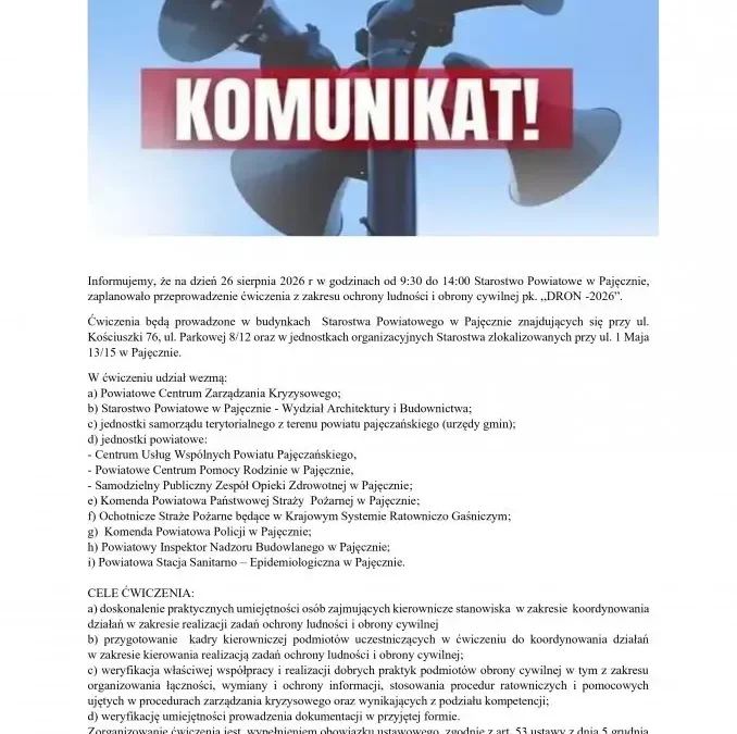 Ćwiczenia „DRON-2026” w Pajęcznie: sprawdzian gotowości służb i urzędów