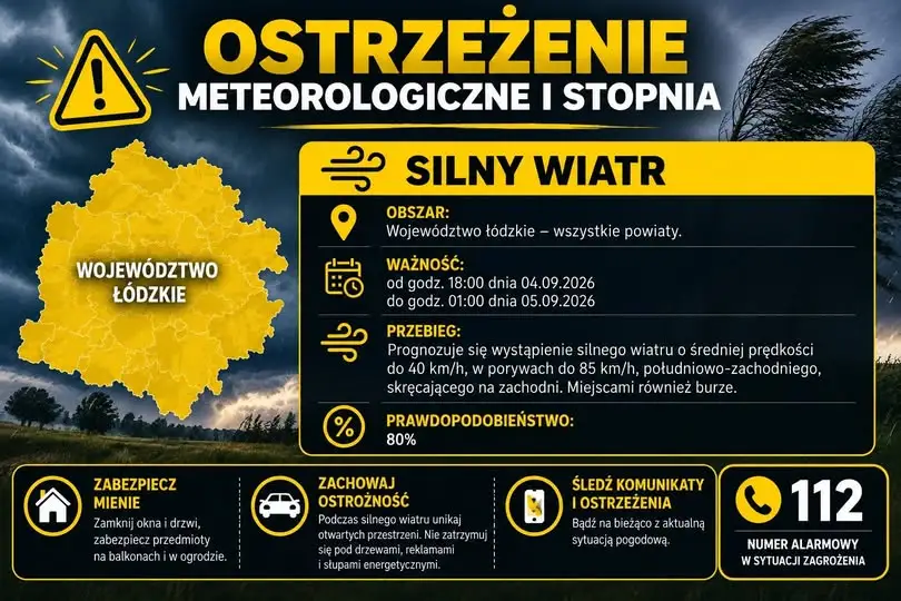 IMGW ostrzega przed silnym wiatrem – alert I stopnia dla wszystkich powiatów