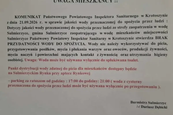 Sulmierzyce: woda z wodociągu niezdatna do spożycia. Sanepid wydał komunikat