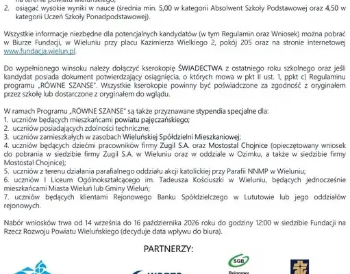 XXVIII edycja programu RÓWNE SZANSE – rusza nabór stypendiów w Wieluniu