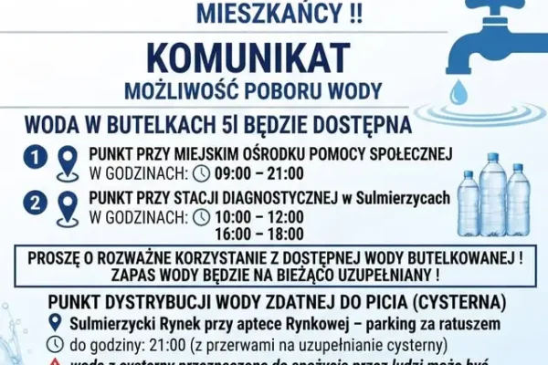 Sulmierzyce: woda w butelkach i z cysterny dla mieszkańców – gdzie i kiedy ją odebrać