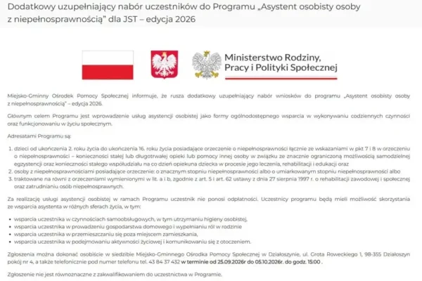Działoszyn: dodatkowy nabór do programu „Asystent osobisty osoby z niepełnosprawnością”