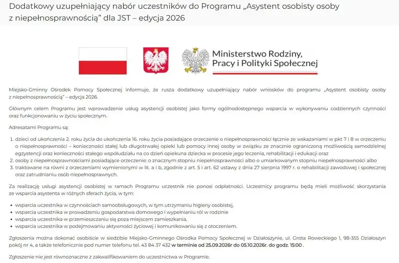 Działoszyn: dodatkowy nabór do programu „Asystent osobisty osoby z niepełnosprawnością”