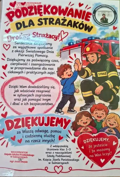 Światowy Dzień Pierwszej Pomocy w szkole w Sulmierzycach – strażacy uczyli najmłodszych