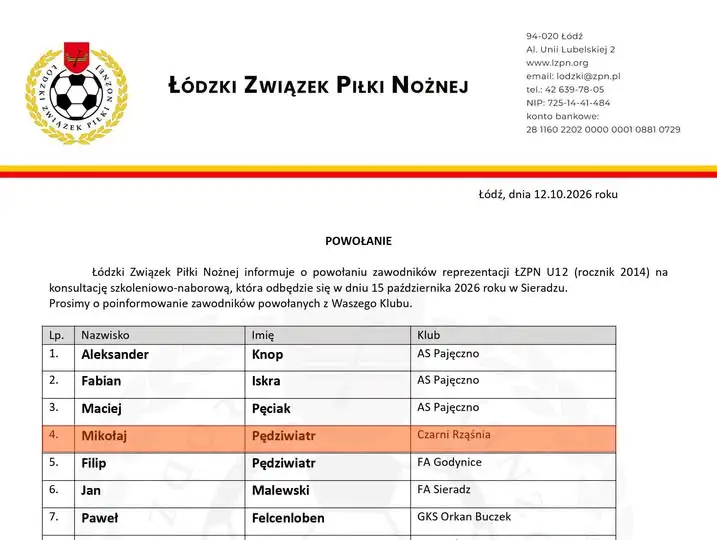 Mikołaj Pędziwiatr z Czarnych Rząśnia powołany do reprezentacji ŁZPN U12